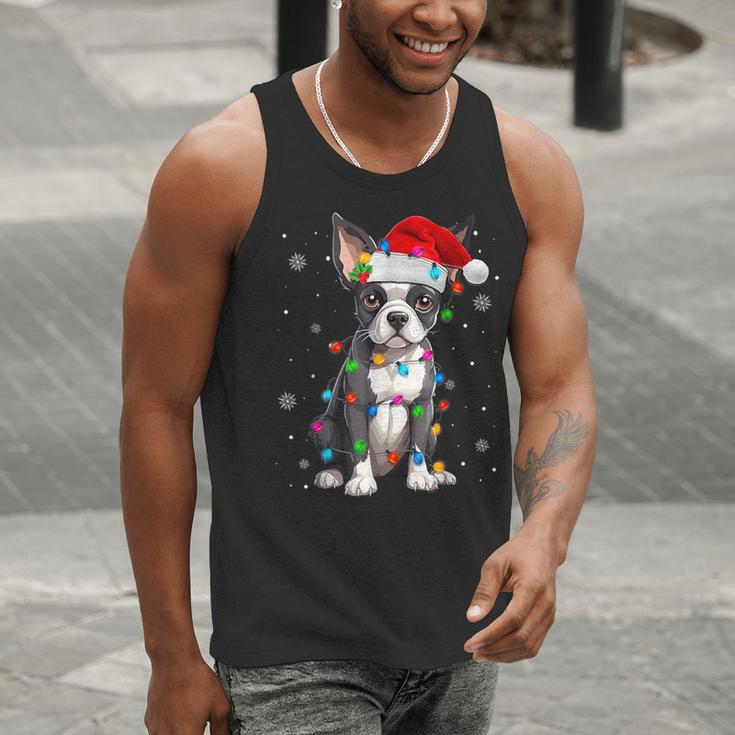 Boston Terrier Christmas Santa Hat Tree Lights Pajama Men Tank Top, Boston Terrier Christmas Tank Tops, funny gift