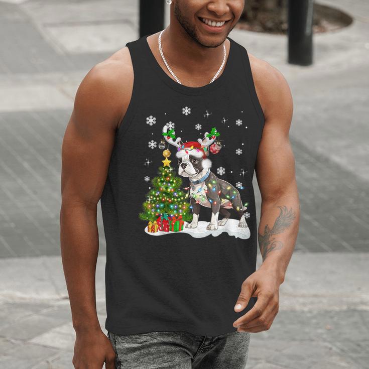 Boston Terrier Christmas Tree Lights Santa Hat Men Tank Top, Boston Terrier Christmas Tank Tops, funny gift