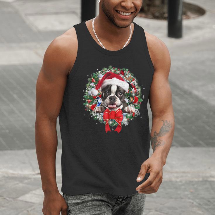 Boston Terrier Christmas Wreath Decoration Xmas Pajamas Men Tank Top, Boston Terrier Christmas Tank Tops, funny gift