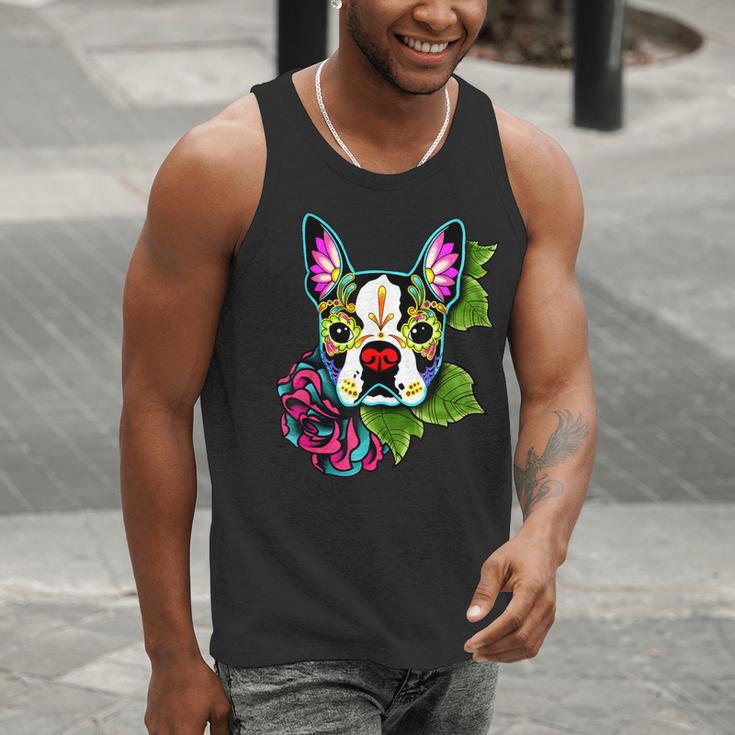 Boston Terrier In Day Of The Dead Sugar Skull Dog Men Tank Top, funny gift