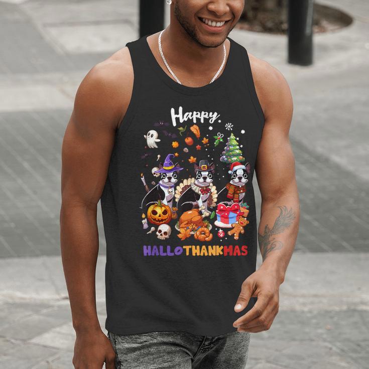 Boston Terrier Dog Christmas Happy Hallothankmas Halloween For Men Women Kids Men Tank Top, Boston Terrier Christmas Tank Tops, Boston Terrier Halloween Tank Tops, funny gift