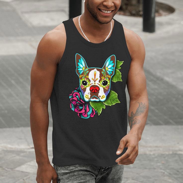 Boston Terrier In Red Day Of The Dead Sugar Skull Dog Men Tank Top, funny gift