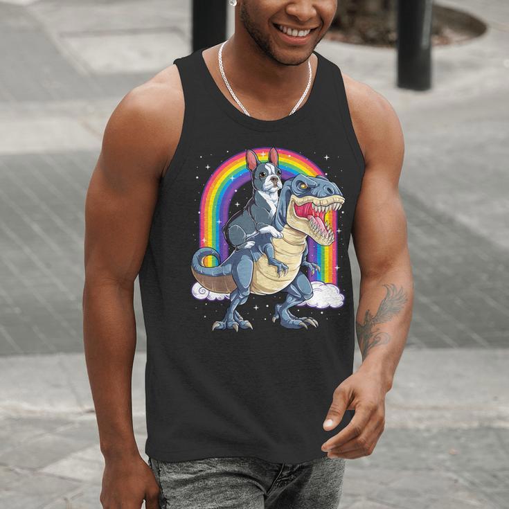 Boston Terrier Riding Dinosaur T-Rex Boys Kids Rainbow Men Tank Top, Boston Terrier Riding Tank Tops, funny gift