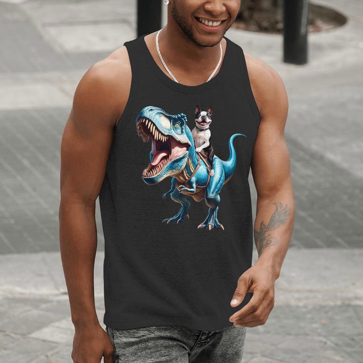 Boston Terrier Riding T-Rex Dinosaur Dog Lover Men Tank Top, Boston Terrier Riding Tank Tops, funny gift