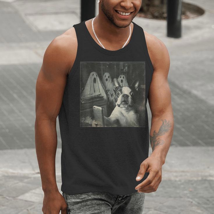 Boston Terrier Selfie With Ghosts Halloween Dog Lover Men Tank Top, Boston Terrier Halloween Tank Tops, funny gift