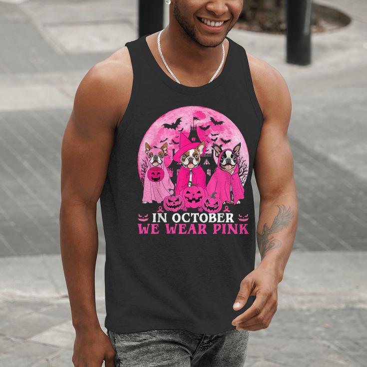 Ghost And Witch Boston Terrier Dog In October We Wear Pink Men Tank Top, Boston Terrier Ghost Tank Tops, funny gift