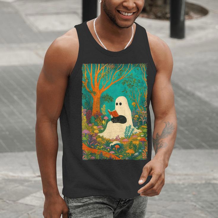 Groovy Ghost Reading Book Cat Halloween Ghost Teacher Men Tank Top, Groovy Teacher Tank Tops, funny gift