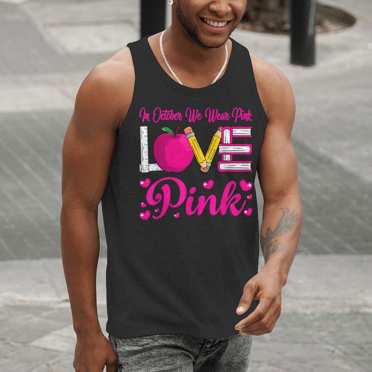 In October We Wear Pink Love Teacher Breast Cancer Awareness Men Tank Top, funny gift