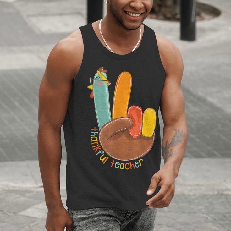 One Thankful Teacher Thanksgiving Turkey Peace Hand Sign Men Tank Top, funny gift