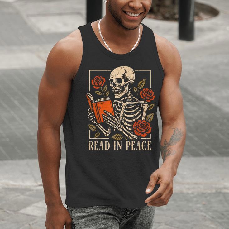 Read In Peace Skeleton Reading Book Halloween Teacher Men Tank Top, funny gift Read In Peace Skeleton Reading Book Halloween Teacher Men Tank Top, funny gift