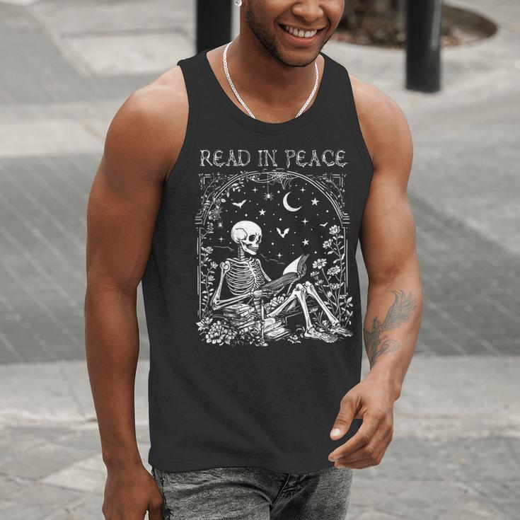 Read In Peace Skeleton Reading Teacher Spooky Halloween Men Tank Top, funny gift