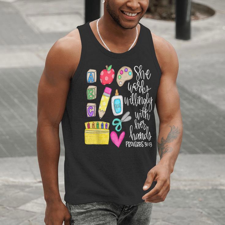 She Works Willingly With Her Hands Proverbs Daycare Teacher Men Women Men Tank Top, funny gift
