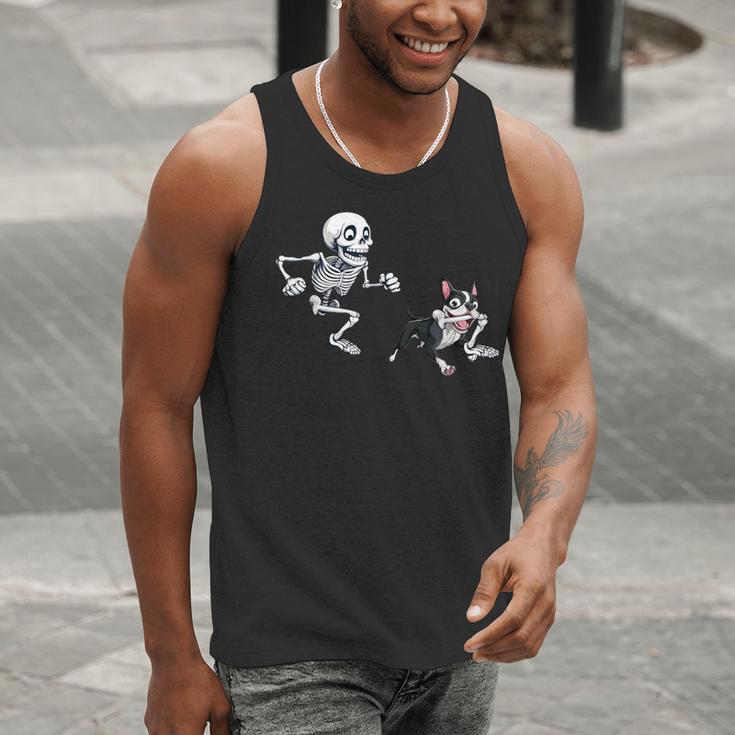 Skeleton Chasing Dog Boston Terrier Halloween Pet Lover Men Tank Top, Boston Terrier Halloween Tank Tops, funny gift