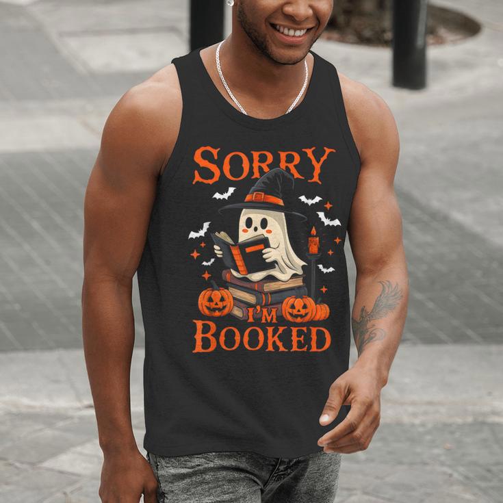 Sorry I'm Booked Ghost Reading Book Lover Teacher Halloween Men Tank Top, funny gift
