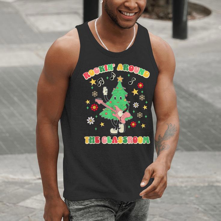 Teacher Christmas Shirts Pajama Matching Rockin' Around The Classroom -Adult Short Sleeve Small Modern Festive Christmas Teacher Xmas Vibes T-Shirt Men Tank Top, funny gift
