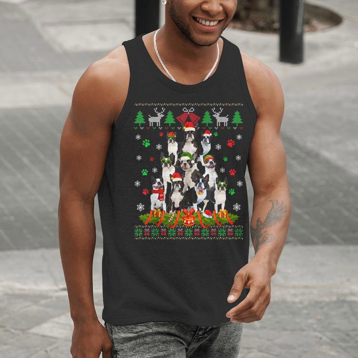 Ugly Sweater Christmas Tree Boston Terrier Dog Xmas Pajama Men Tank Top, Boston Terrier Christmas Tank Tops, funny gift