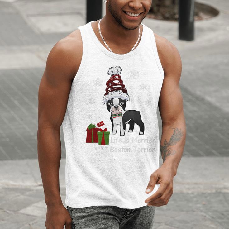 Boston Terrier Christmas T Shirt-Life Is Merrier Premium Tri-Blend Men Tank Top, Boston Terrier Christmas Tank Tops, funny gift