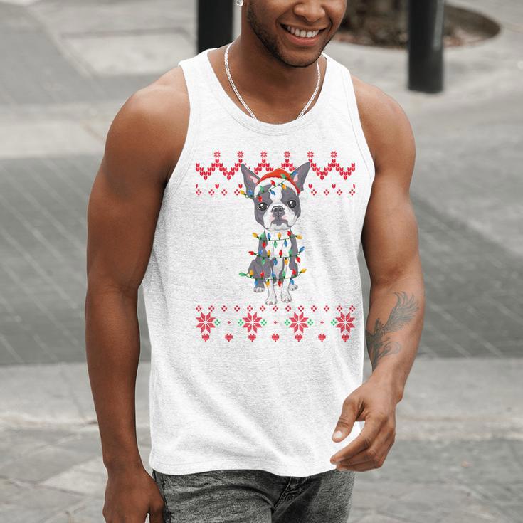 Boston Terrier Dog Santa Hat Men Kids Ugly Christmas Light Men Tank Top, Boston Terrier Christmas Tank Tops, funny gift