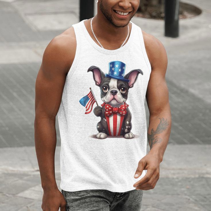 Boston Terrier Puppy Dog Holds His American Flag 4th Of July Men Tank Top, American Boston Terrier Tank Tops, Boston Terrier 4th Of July Tank Tops, funny gift