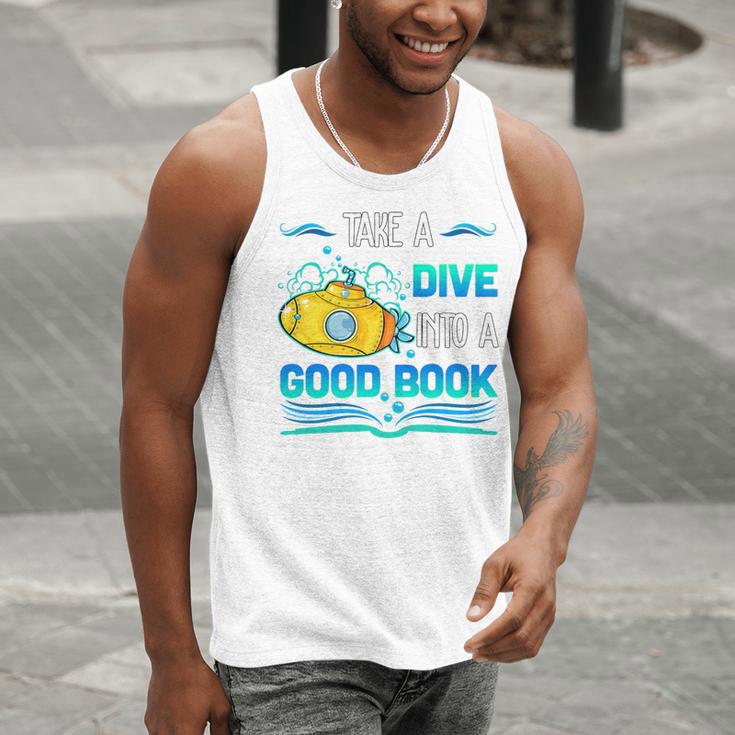 Librarian Teacher Dive Into A Good Book Reading Premium Tri-Blend Men Tank Top, funny gift