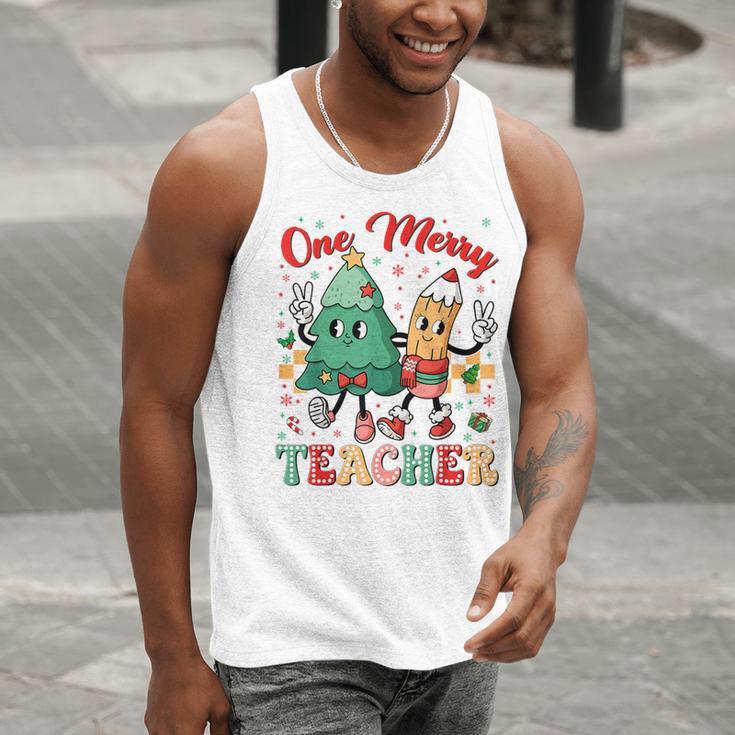 One Merry Teacher Groovy Christmas Tree Pjs Xmas Teacher Men Tank Top, Groovy Teacher Tank Tops, funny gift