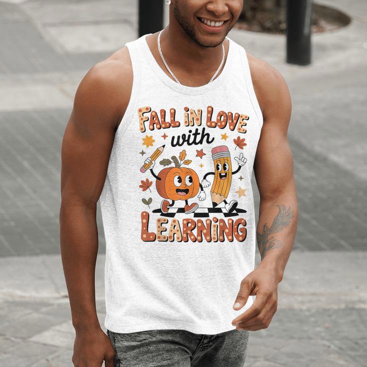 Retro Fall In Love With Learning Autumn Pumpkin Teacher Kids Men Tank Top, funny gift