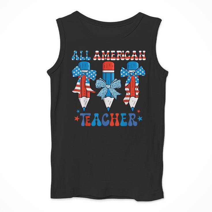 All American Teacher Pencil Coquette Bow USA Flag Teachers Men Tank Top, funny design