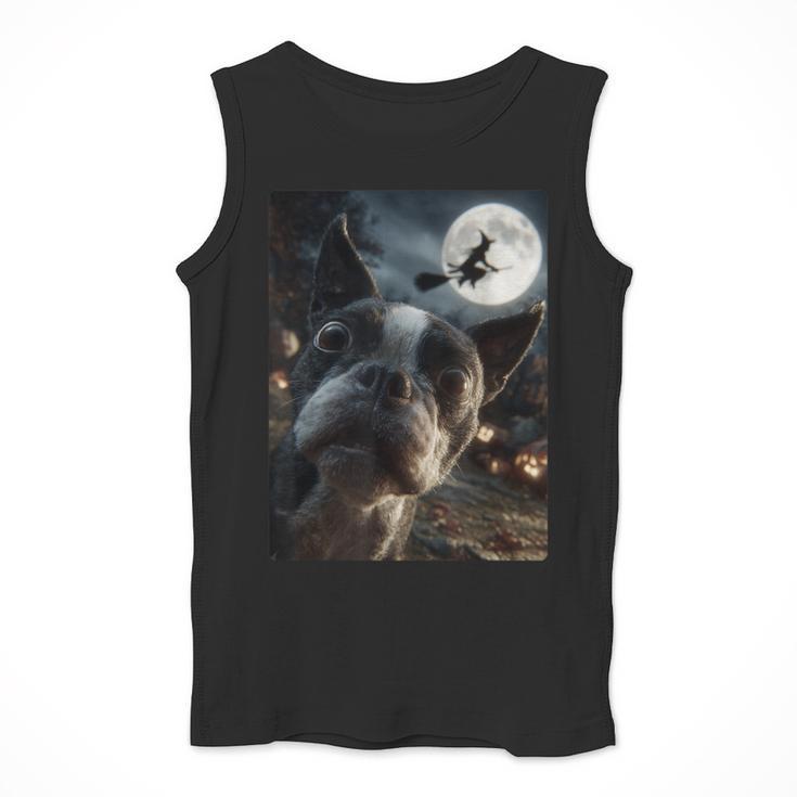 Boston Terrier Selfie Full Moon Flying Witch Halloween Dog Men Tank Top, Boston Terrier Halloween Gifts, funny design