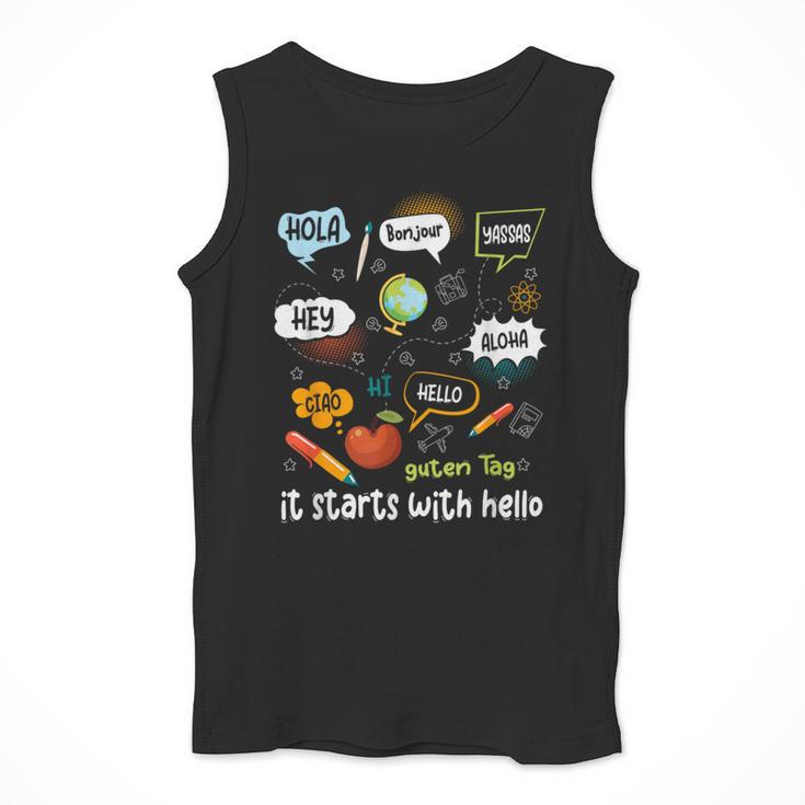 Friendship Inclusion Language Teacher It Starts With Hello Men Tank Top, funny design Friendship Inclusion Language Teacher It Starts With Hello Men Tank Top, funny design