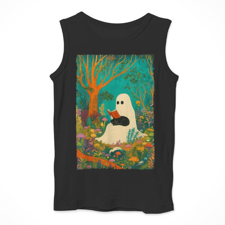 Groovy Ghost Reading Book Cat Halloween Ghost Teacher Men Tank Top, Groovy Teacher Gifts, funny design