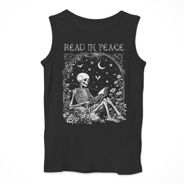 Read In Peace Skeleton Reading Teacher Spooky Halloween Men Tank Top, funny design