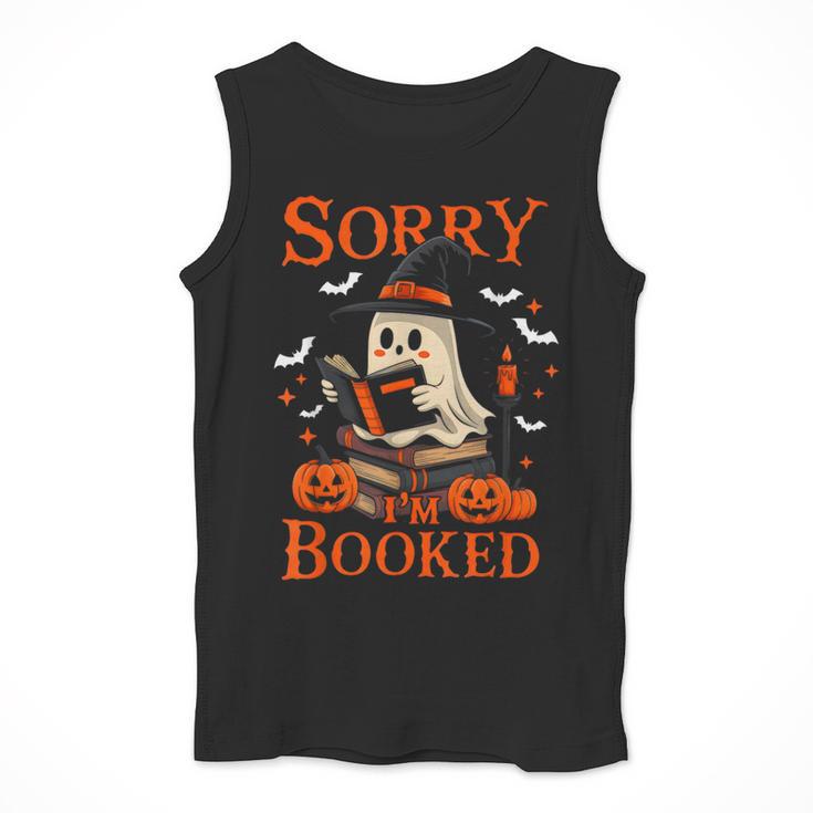 Sorry I'm Booked Ghost Reading Book Lover Teacher Halloween Men Tank Top, funny design