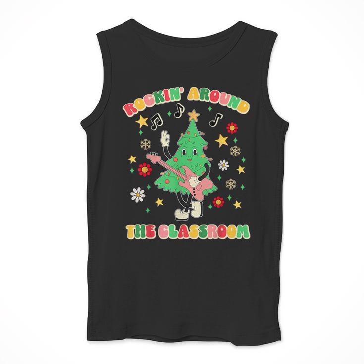 Teacher Christmas Shirts Pajama Matching Rockin' Around The Classroom -Adult Short Sleeve Small Modern Festive Christmas Teacher Xmas Vibes T-Shirt Men Tank Top, funny design