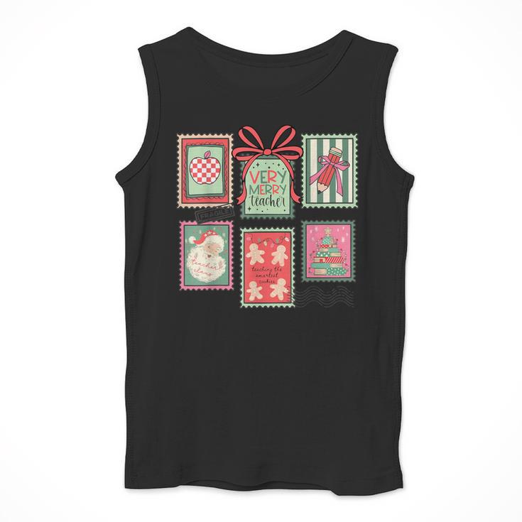 Vintage Preppy Very Merry Teacher Santa Stamps Christmas Men Tank Top, funny design Vintage Preppy Very Merry Teacher Santa Stamps Christmas Men Tank Top, funny design