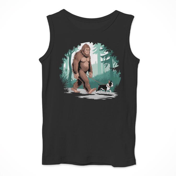 Whimsical Forest Adventures Sasquatch Bigfoot Walking Boston Terrier Dog Lovers Men Tank Top, funny design