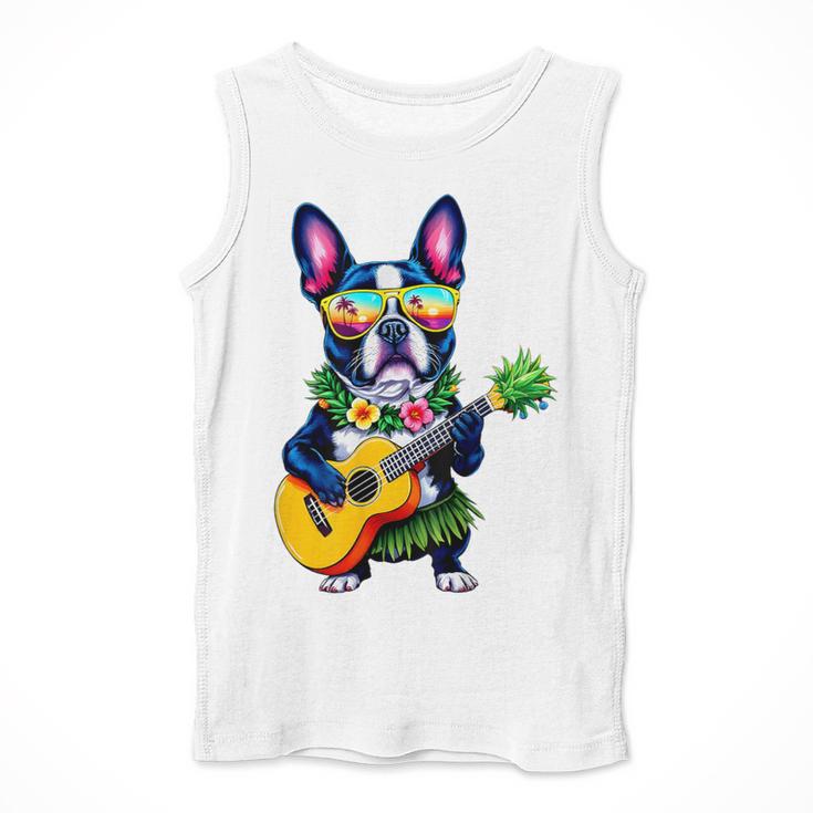 Hawaiian Boston Terrier & Pineapple Ukulele Summer Vacation Men Tank Top, funny design
