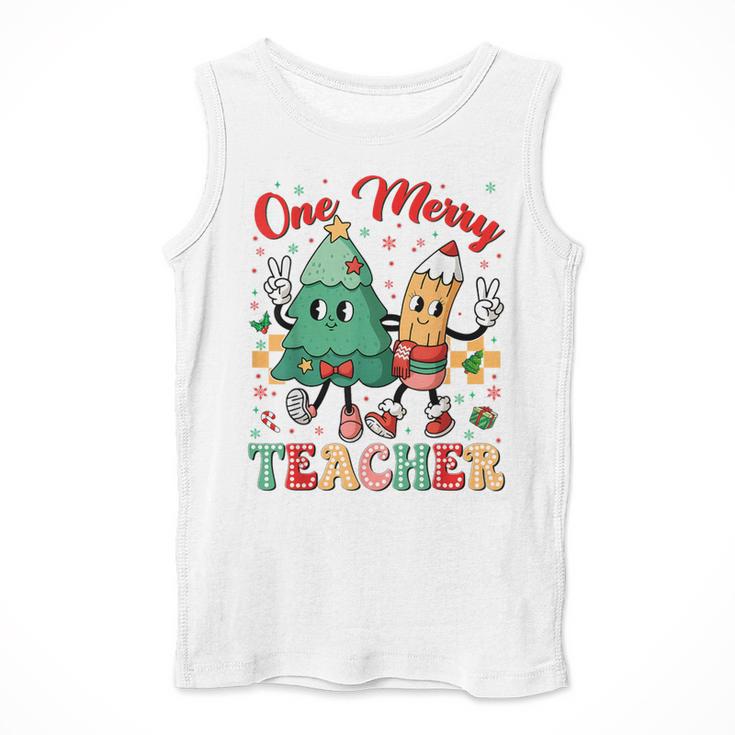 One Merry Teacher Groovy Christmas Tree Pjs Xmas Teacher Men Tank Top, Groovy Teacher Gifts, funny design