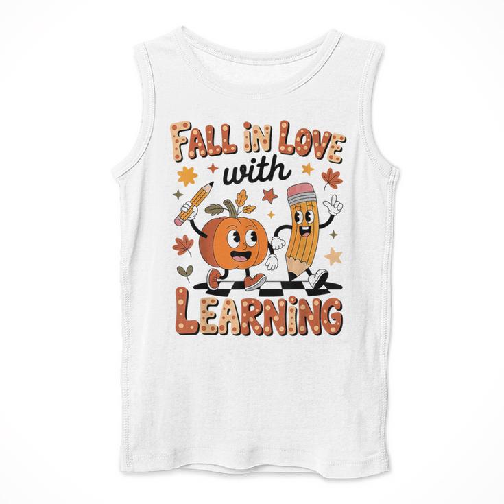 Retro Fall In Love With Learning Autumn Pumpkin Teacher Kids Men Tank Top, funny design