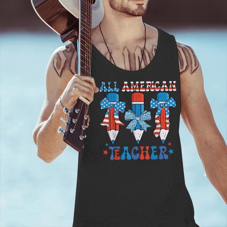 All American Teacher Pencil Coquette Bow USA Flag Teachers Men Tank Top, gift for family, gift for coworker