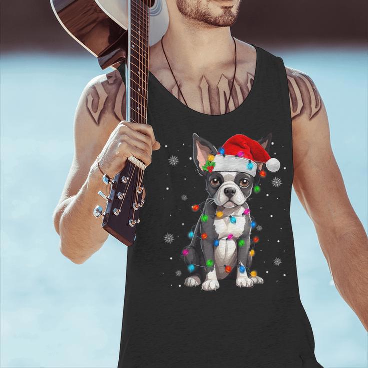 Boston Terrier Christmas Santa Hat Tree Lights Pajama Men Tank Top, Boston Terrier Christmas Tank Tops, gift for family, gift for coworker