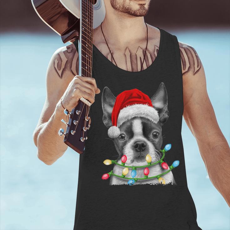 Boston Terrier Dog Santa Christmas Tree Lights Xmas Men Tank Top