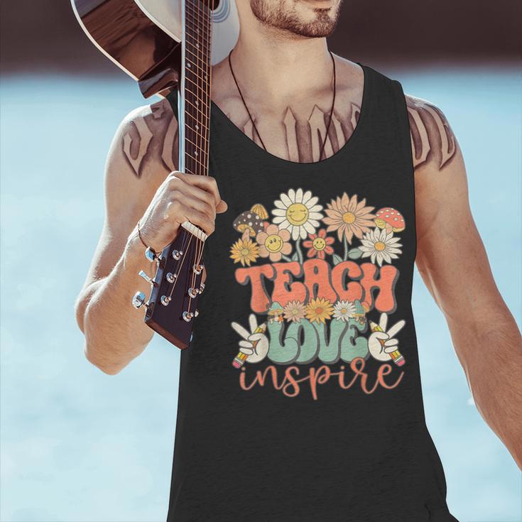 Teach Love Inspire Retro Groovy Daisy Back To School Teacher For Men Women Kids Men Tank Top, Groovy Teacher Tank Tops, gift for family, gift for coworker