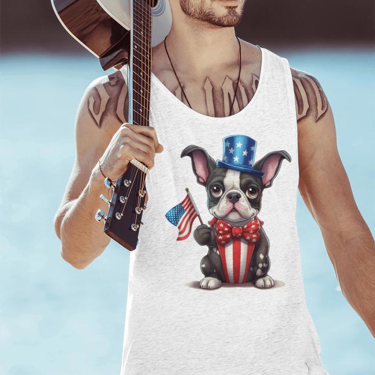 Boston Terrier Puppy Dog Holds His American Flag 4th Of July Men Tank Top, American Boston Terrier Tank Tops, Boston Terrier 4th Of July Tank Tops, gift for family, gift for coworker