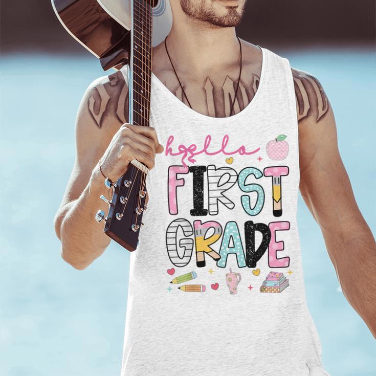 Hello First Grade Teacher Coquette Pencil Bow Back To School Men Tank Top, First Grade Teacher Tank Tops, gift for family, gift for coworker Hello First Grade Teacher Coquette Pencil Bow Back To School Men Tank Top, First Grade Teacher Tank Tops, gift for family, gift for coworker
