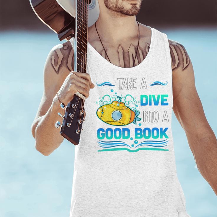 Librarian Teacher Dive Into A Good Book Reading Premium Tri-Blend Men Tank Top, gift for family, gift for coworker