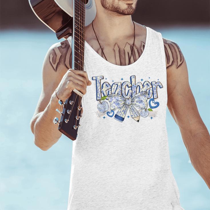Teacher Blue Chinoiserie Coquette Bow Heart Teacher Life Men Tank Top, gift for family, gift for coworker