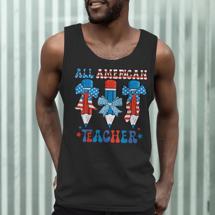 All American Teacher Pencil Coquette Bow USA Flag Teachers Men Tank Top, novelty gifts, funny gifts