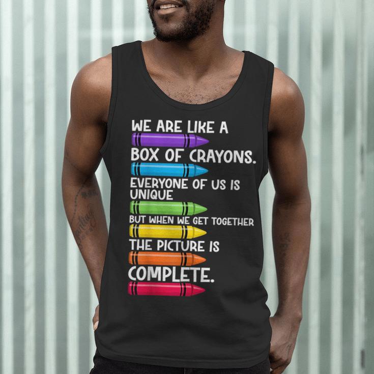 Back To School Teacher We Are Like A Box Of Crayons Men Tank Top, novelty gifts, funny gifts