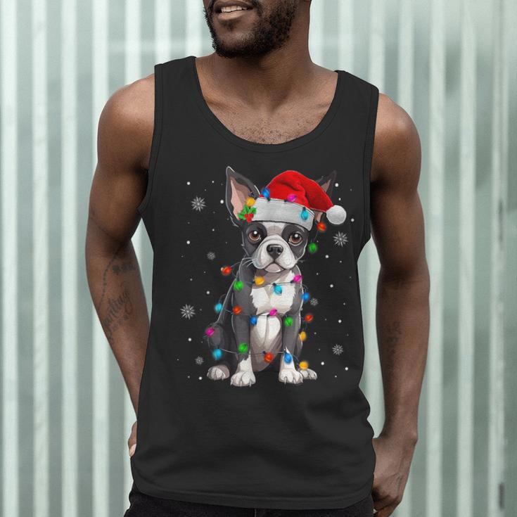 Boston Terrier Christmas Santa Hat Tree Lights Pajama Men Tank Top, novelty gifts, funny gifts