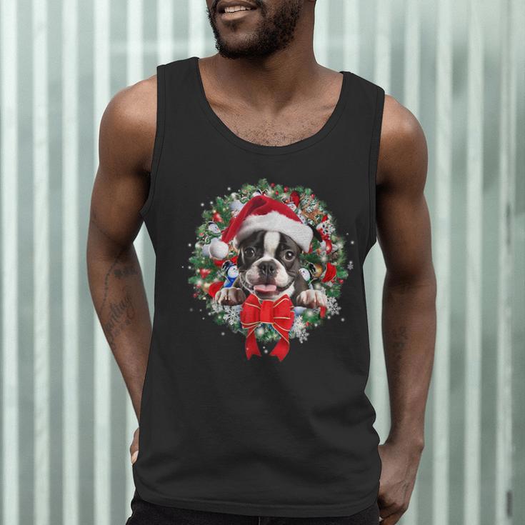 Boston Terrier Christmas Wreath Decoration Xmas Pajamas Men Tank Top, novelty gifts, funny gifts